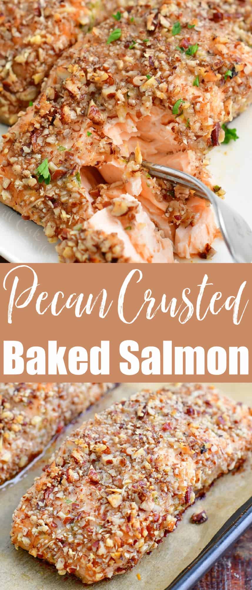 title collage image with two images of salmon flaked off and salmon in the baking pan