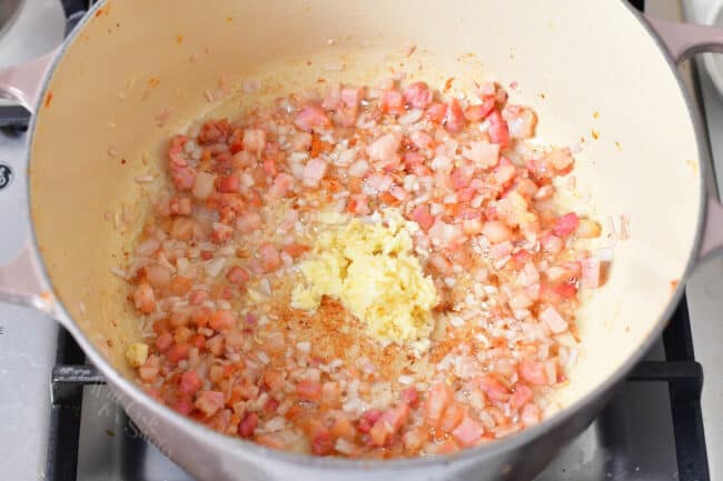Pancetta and garlic are being cooked in a large pot.