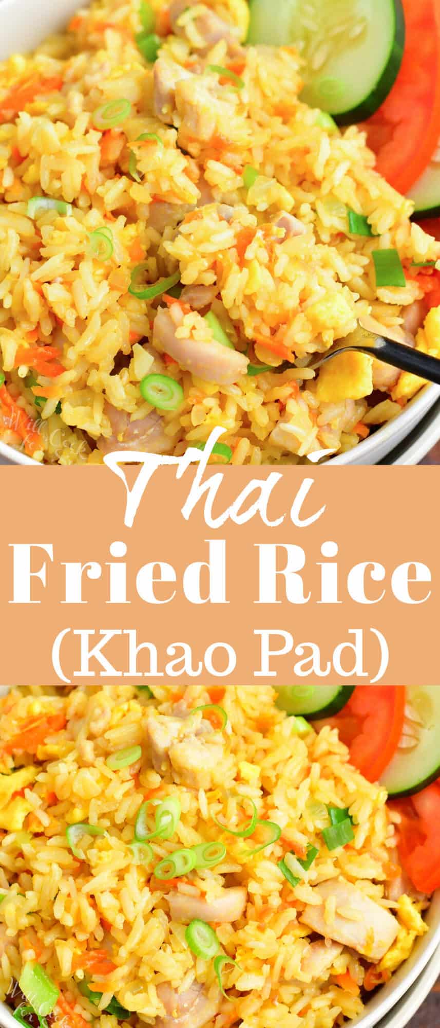 collage image of closeup view of fried rice and title in the middle