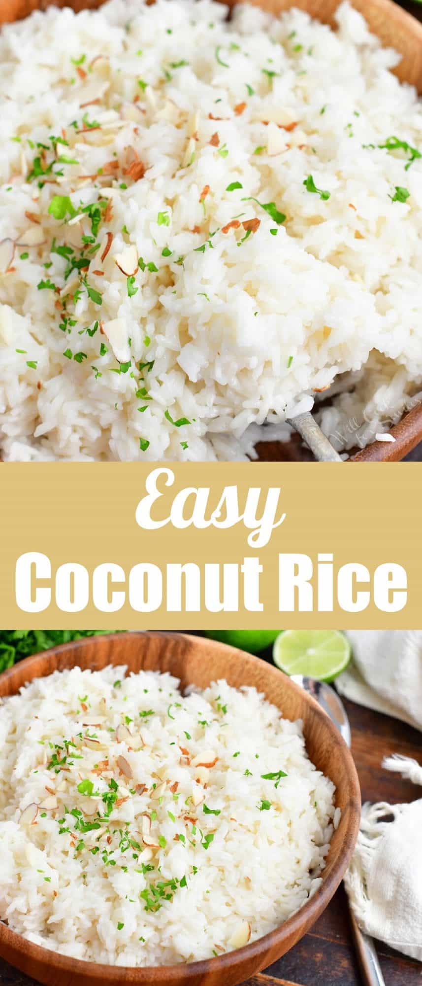 title collage of closeup view of coconut rice and rice in a wooden bowl