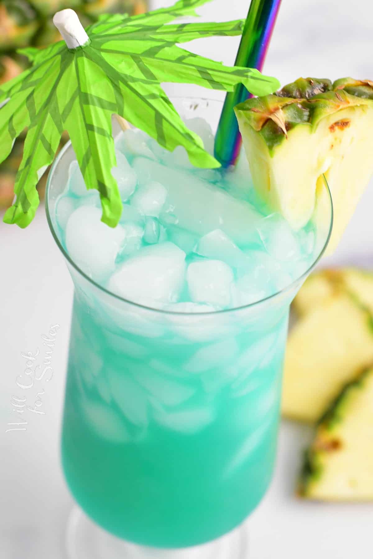 closeup view of blue Hawaii in a glass with umbrella