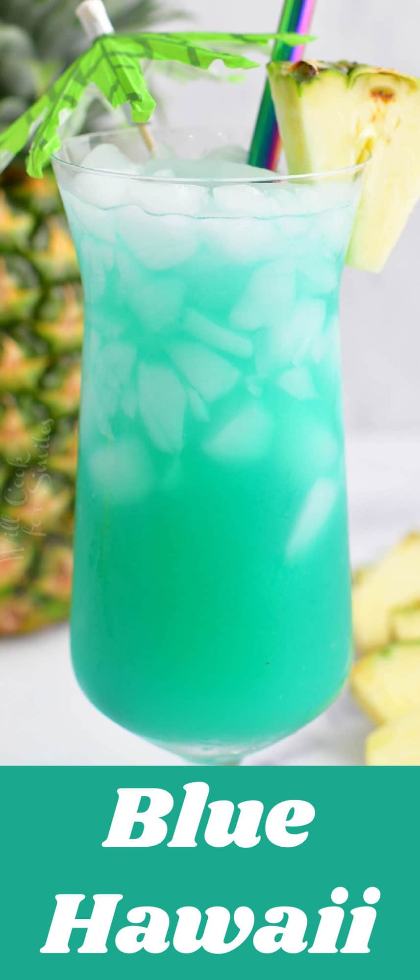 collage of closeup blue hawaii cocktail with title on the bottom
