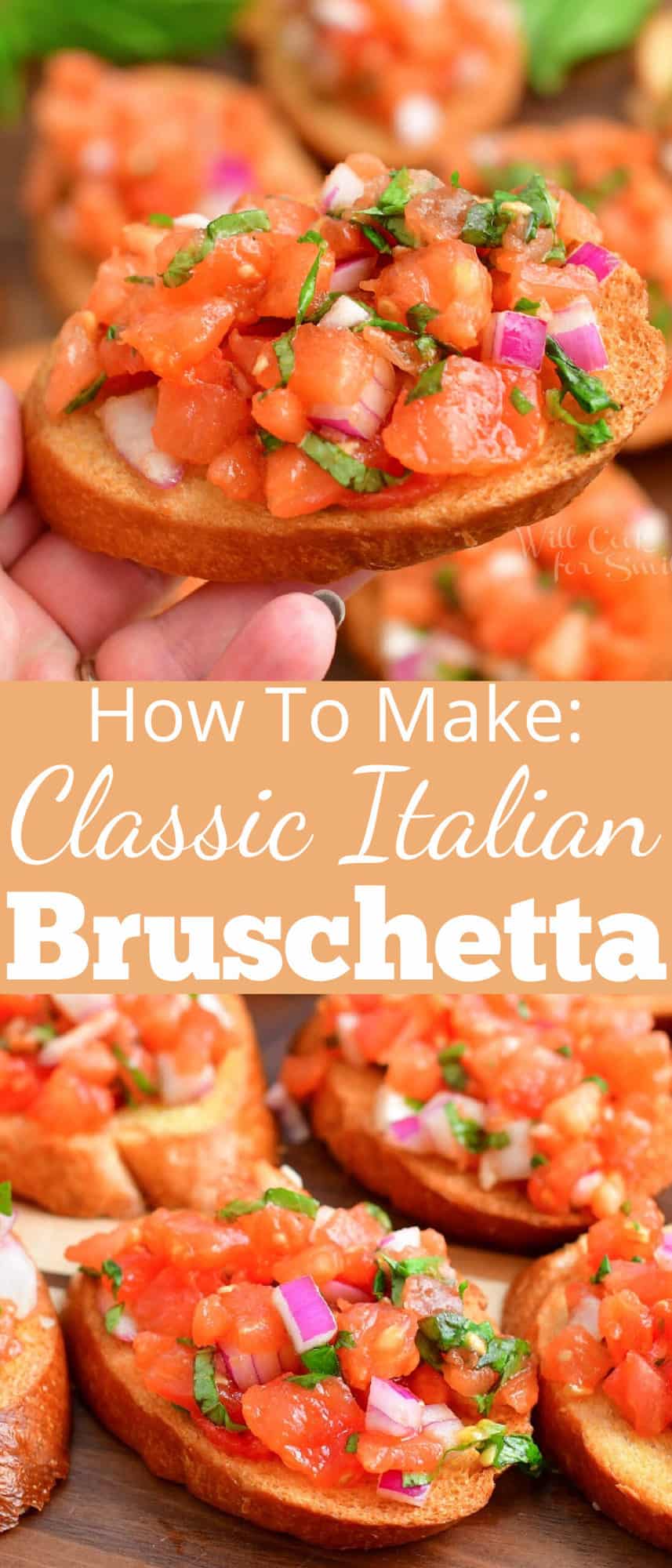 collage of two images of closeup bruschetta and title in the middle