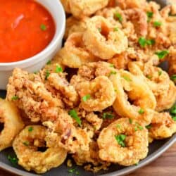 Calamari is fully cooked and presented on a gray plate with red sauce.