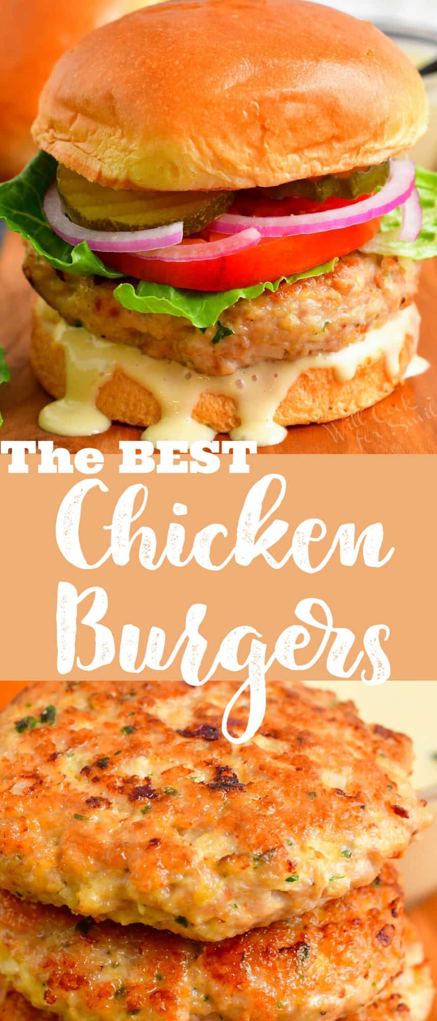 collage on two images of chicken burger and chicken patties with title
