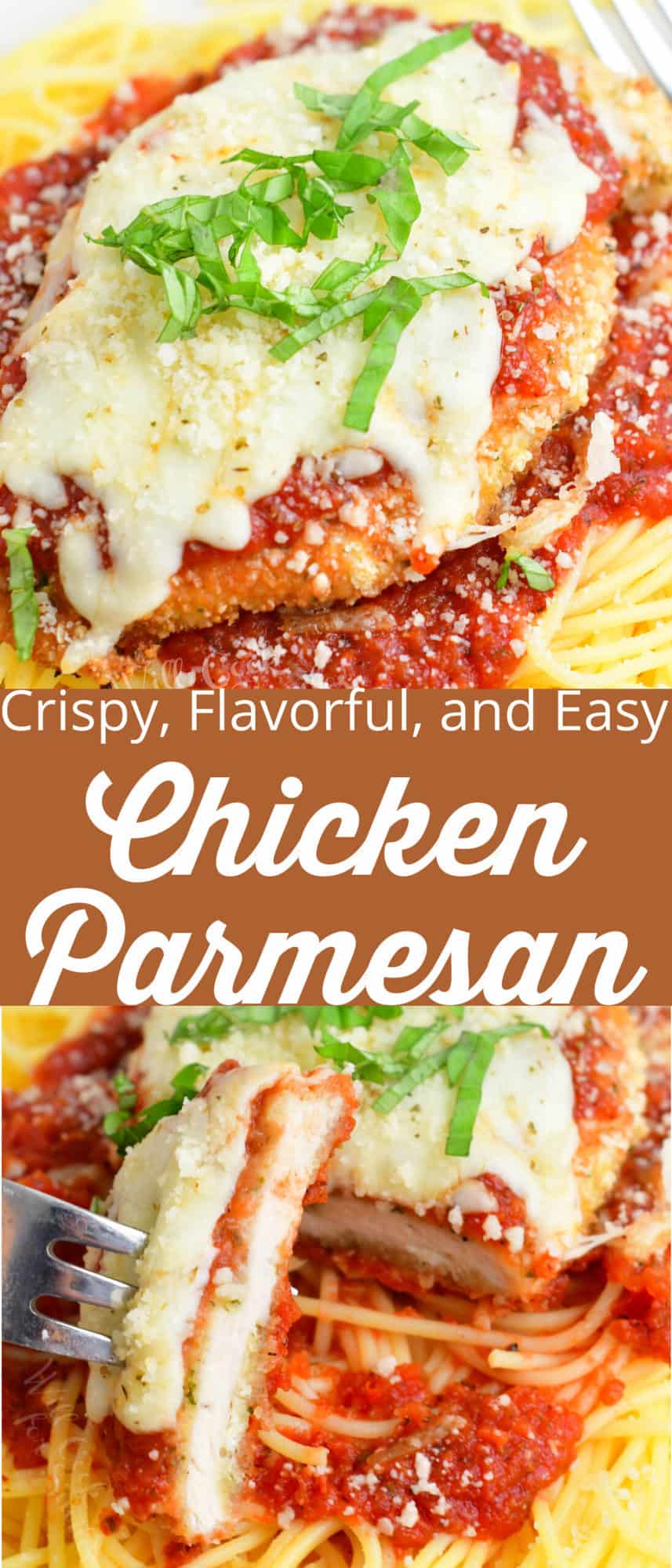 collage of two chicken parmesan images up close and slicing a piece with title