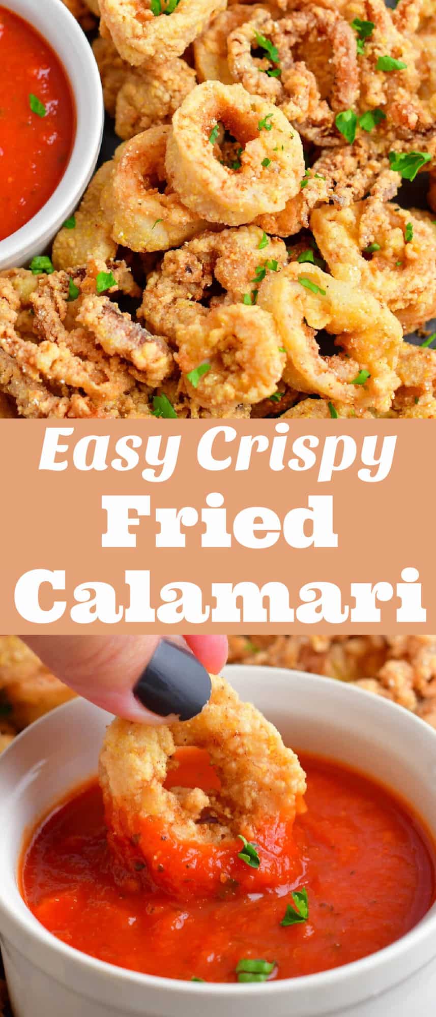 collage of two images of fried calamari and dipping into red sauce with title