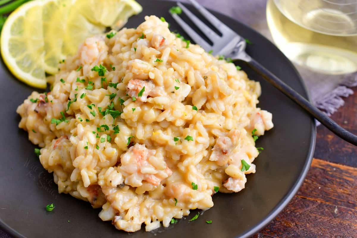 lobster risotto on the black plate