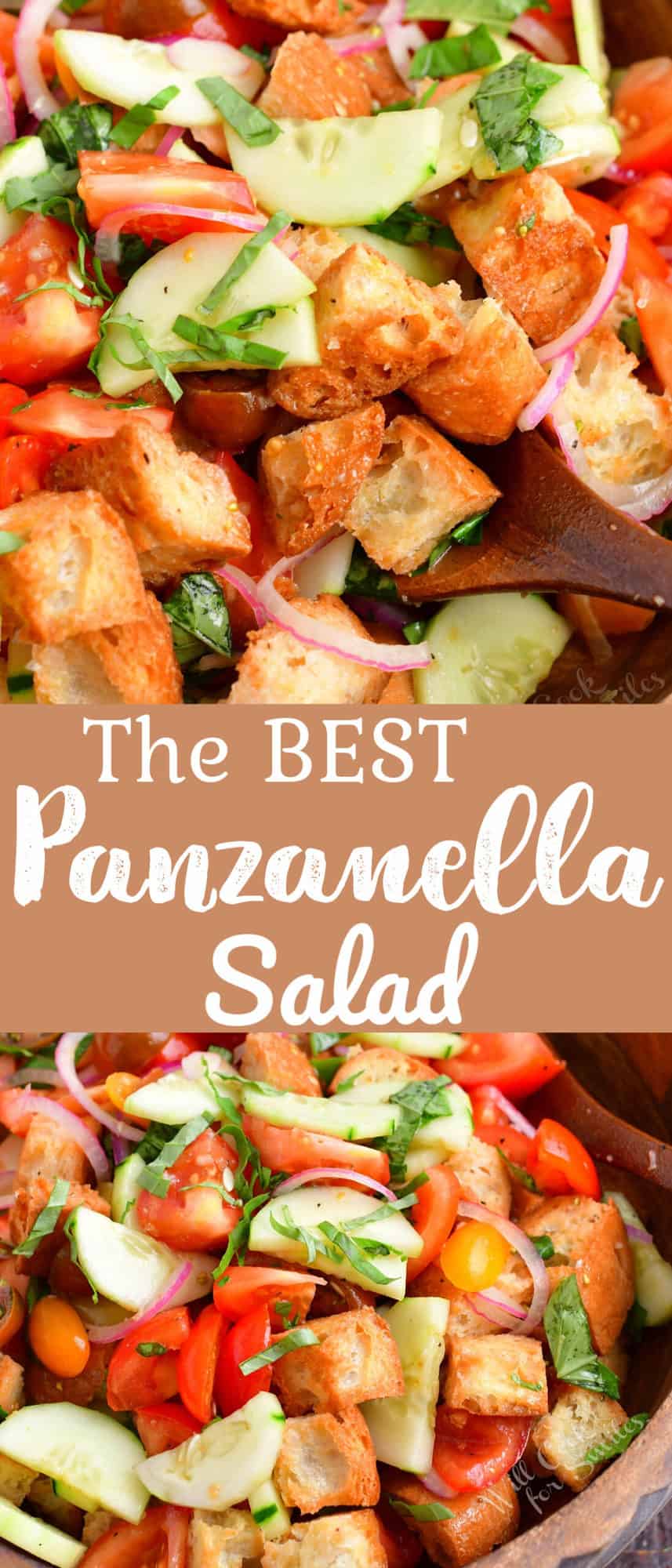 collage of two images of close up panzanella salad and salad in a bowl