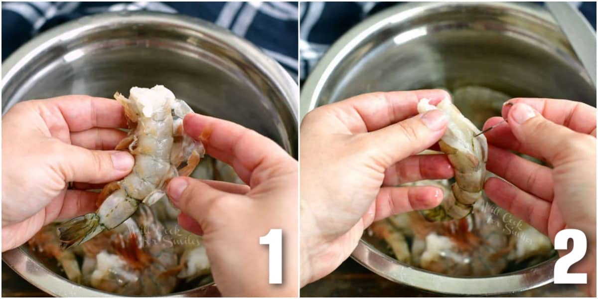 collage of two images of peeling shrimp and taking the vein out.