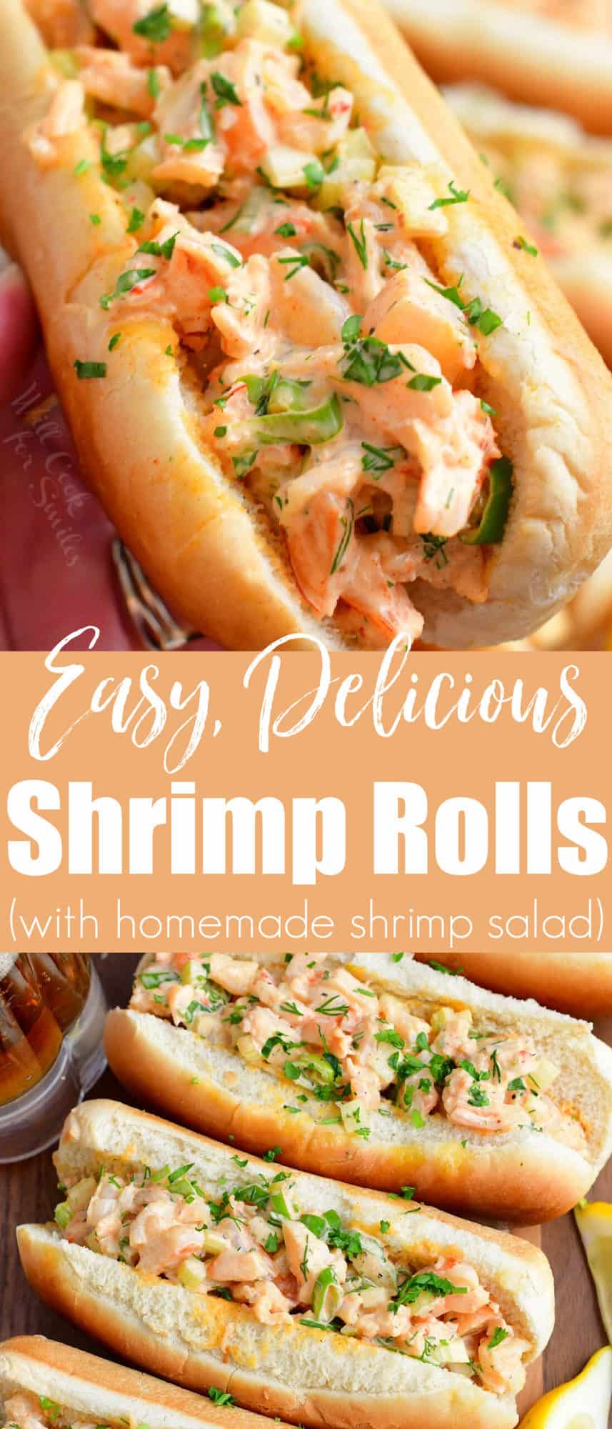 title collage of two images of shrimp rolls sandwiches and title in the middle