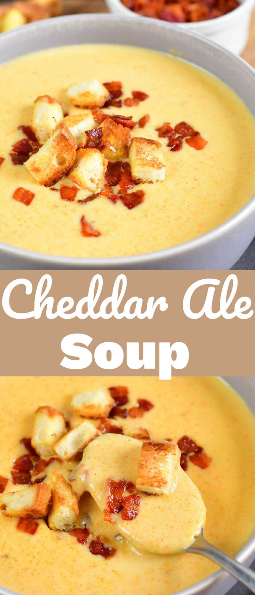 collage of close up cheddar ale soup images with title in the middle