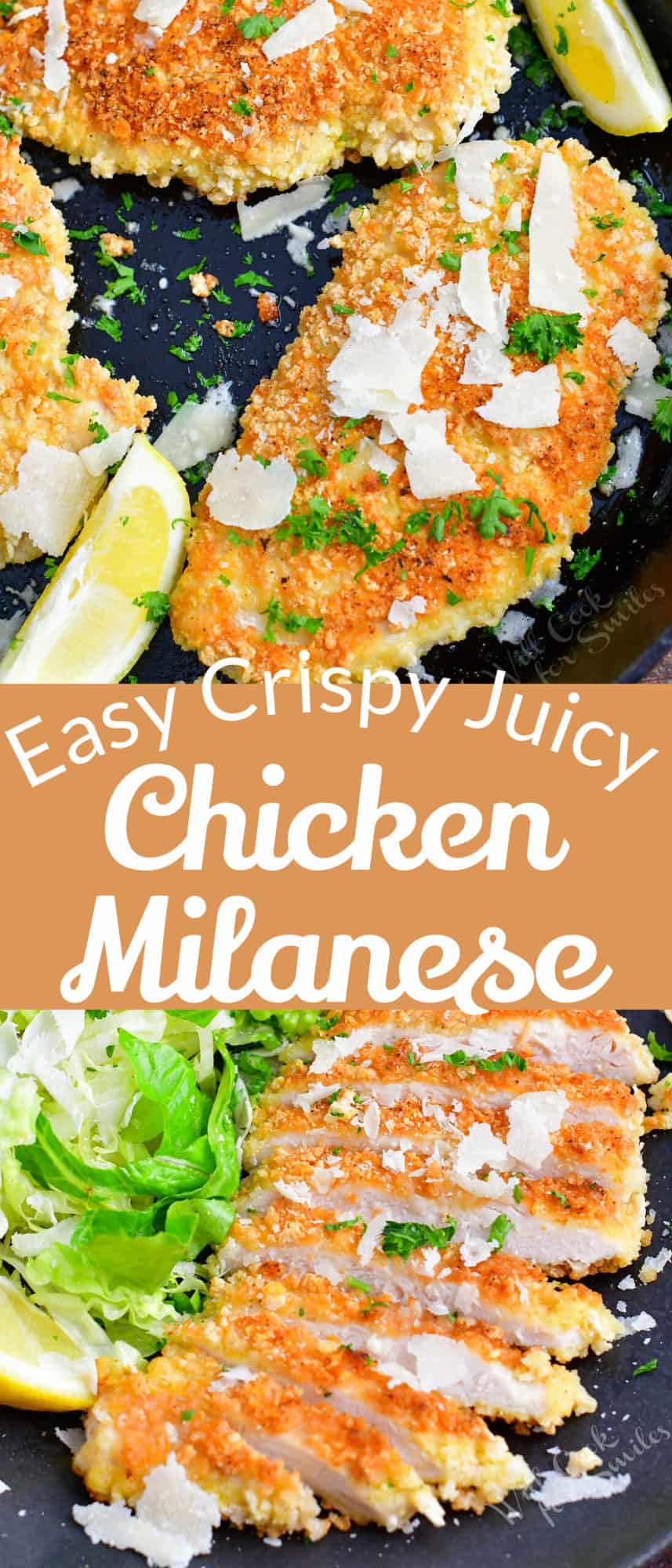 collage of two images of crispy chicken Milanese in a pan and sliced cooked chicken on a plate