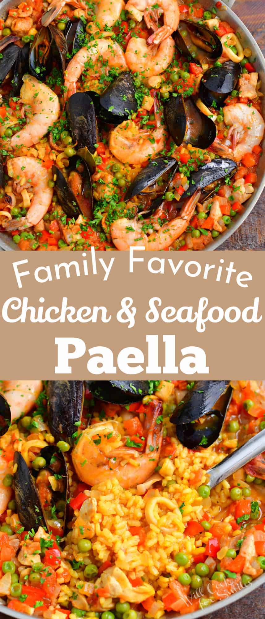 collage of two images of paella in a pan with title in a middle