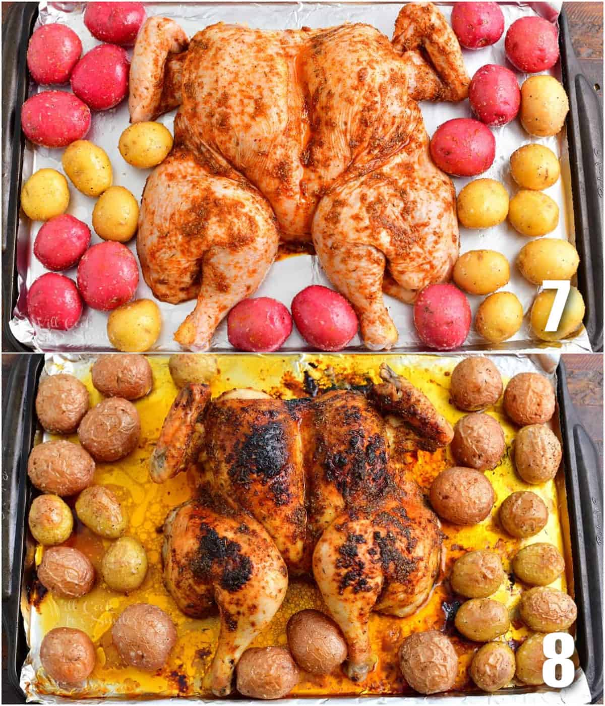 collage of two images of butterflied chicken on the sheet pan with potatoes before and after cooking.