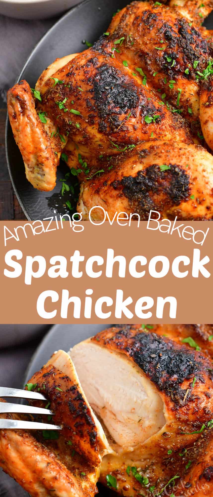 collage of two images of close up cooked spatchcock chicken and sliced piece