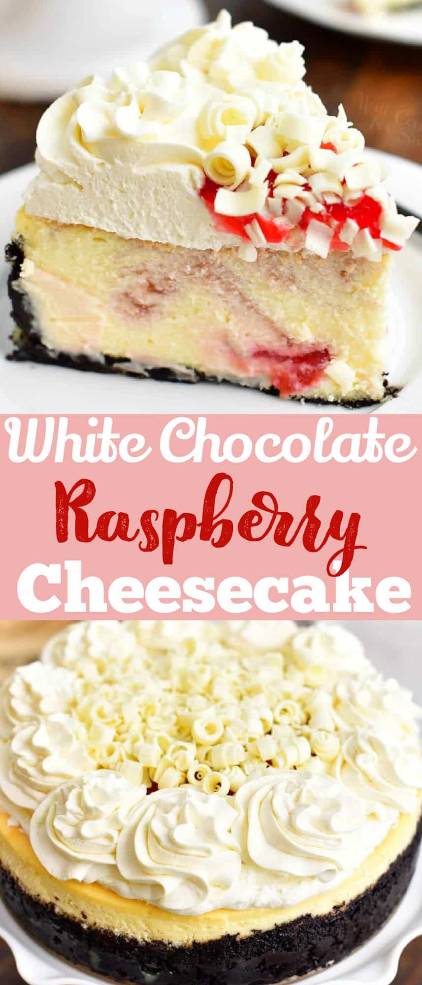 collage of cheesecake slice and full cheesecake with title in the middle