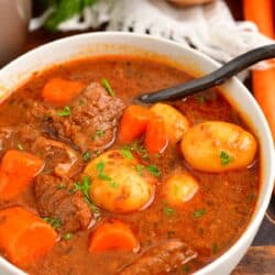 beef stew in a white bowl with a spoon in it