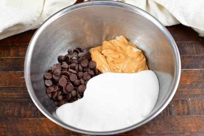chocolate, peanut butter, and marshmallow fluff in a bowl