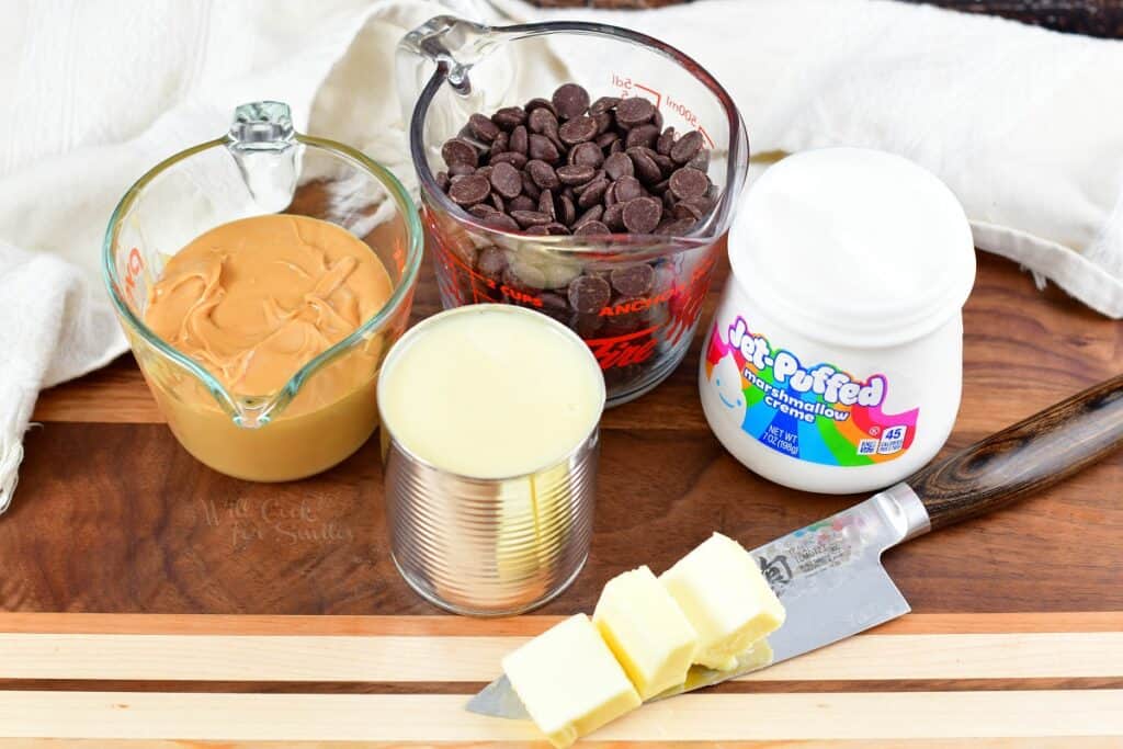 ingredients for chocolate peanut butter fudge on cutting board