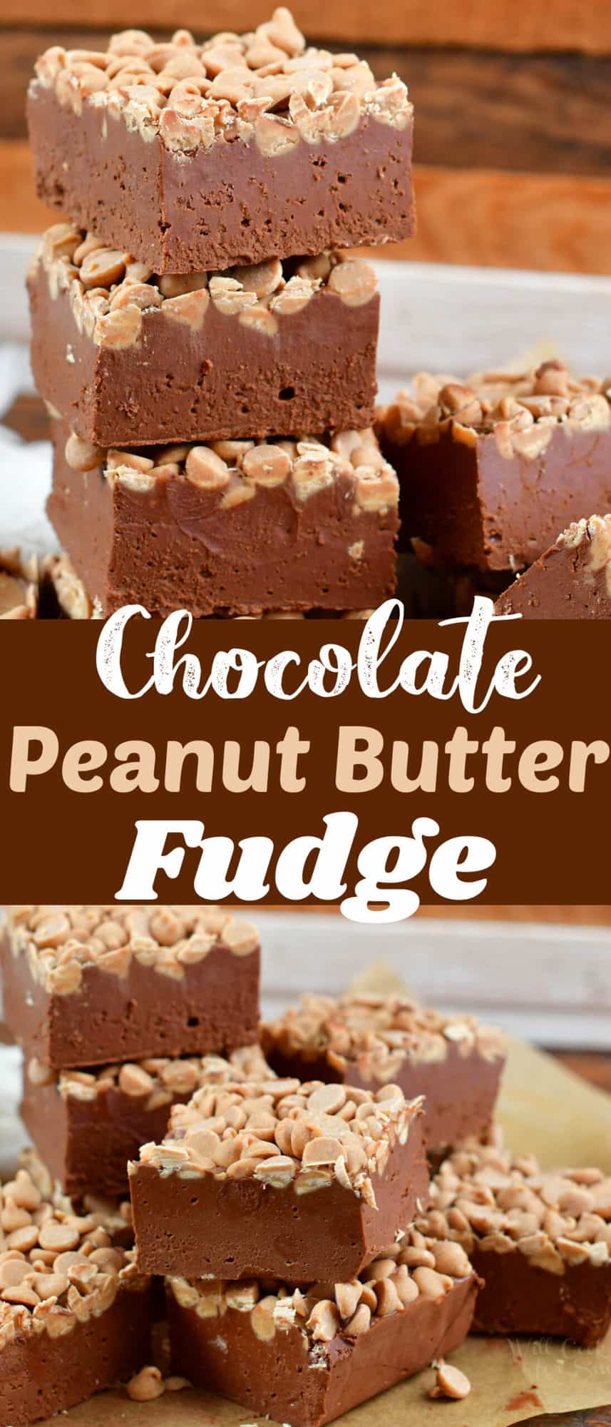 collage of two images of stacked peanut butter fudge close up