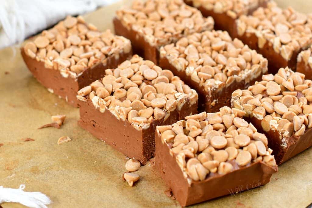 fudge on parchment paper cut into squares