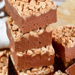 closeup stack of chocolate peanut butter fudge