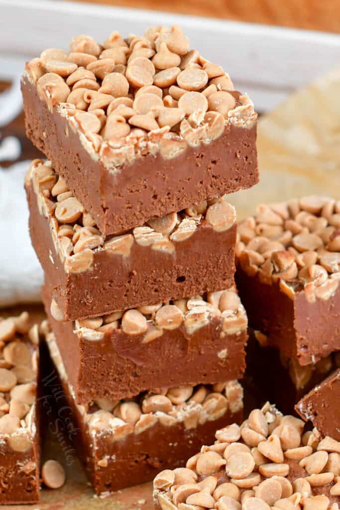 closeup stack of chocolate peanut butter fudge