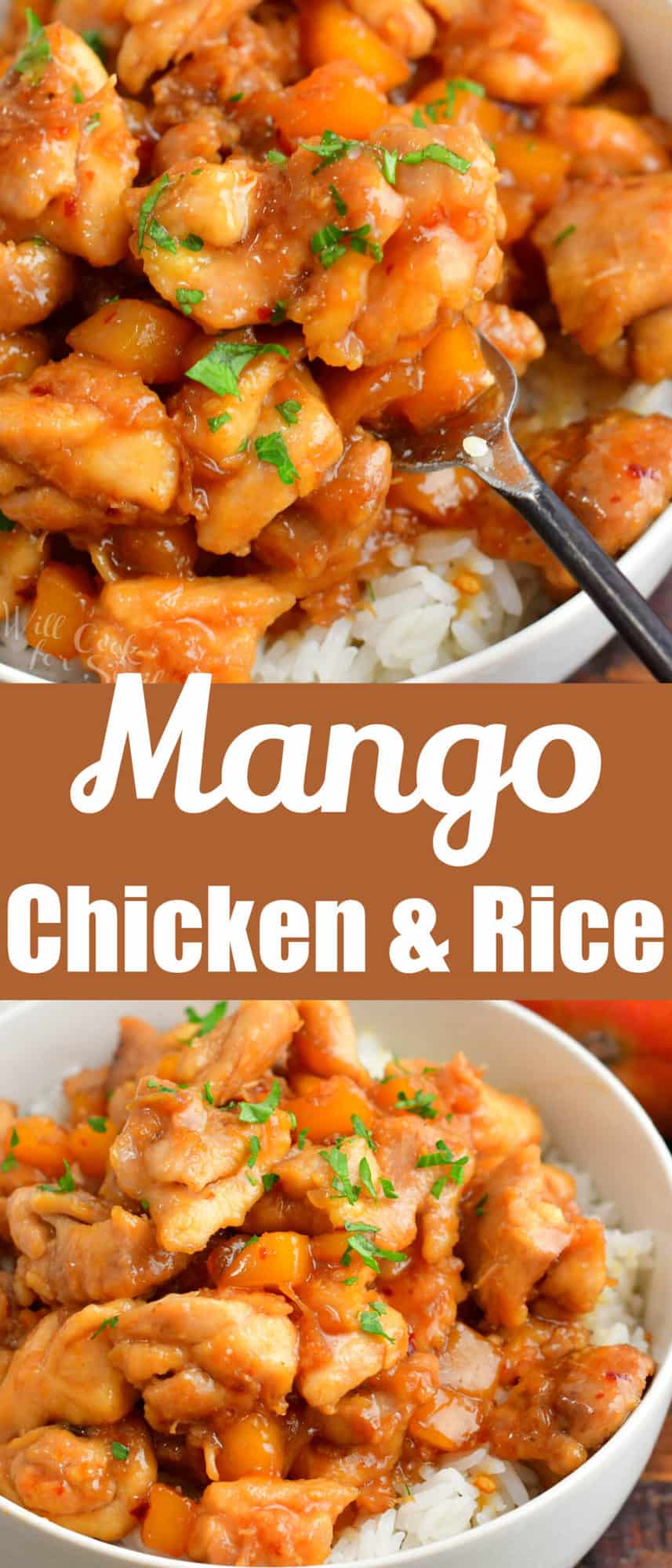 collage of two images of mango chicken in a bowl and close up on a fork