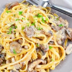 top view of pasta tossed in creamy mushroom sauce on grey plate