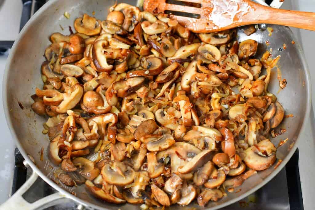 sautéed mushrooms and onion in the pan