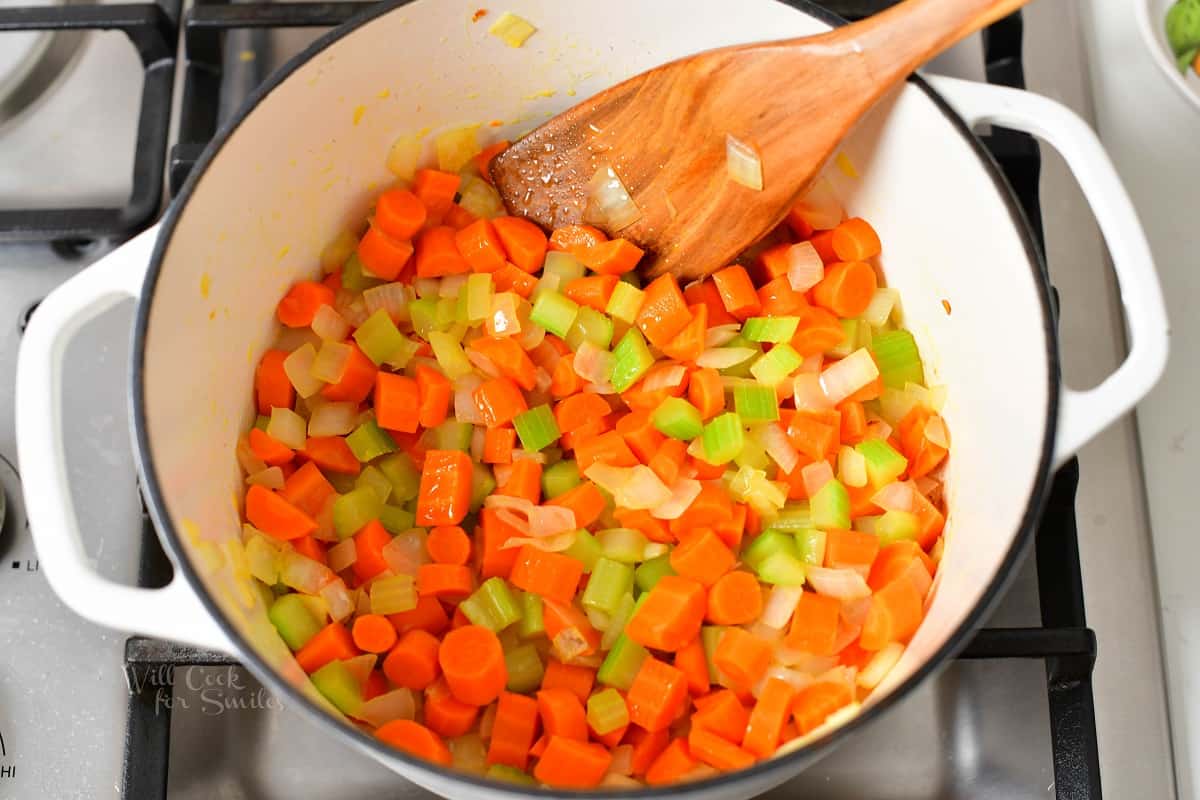 diced vegetables sautéing in the pot.
