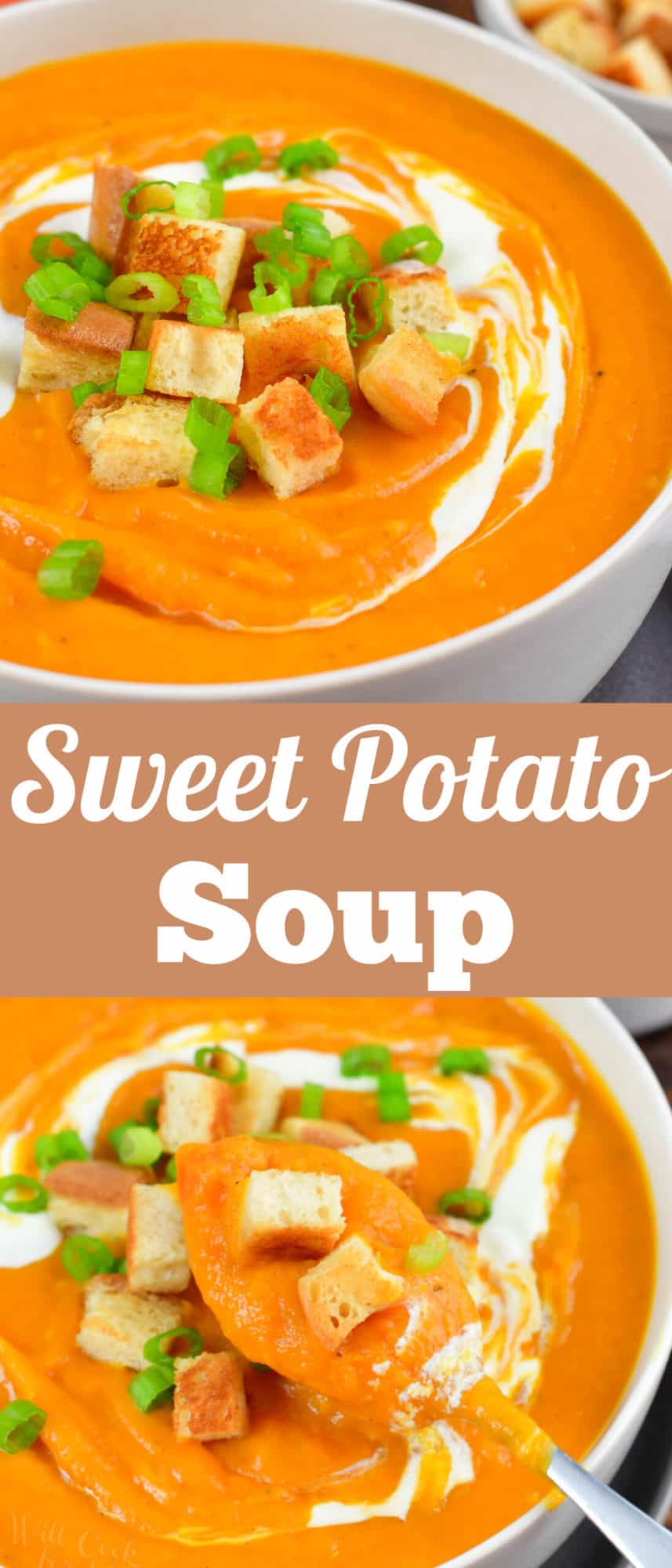 collage of two images of closeup sweet potato soup and spoonful of soup