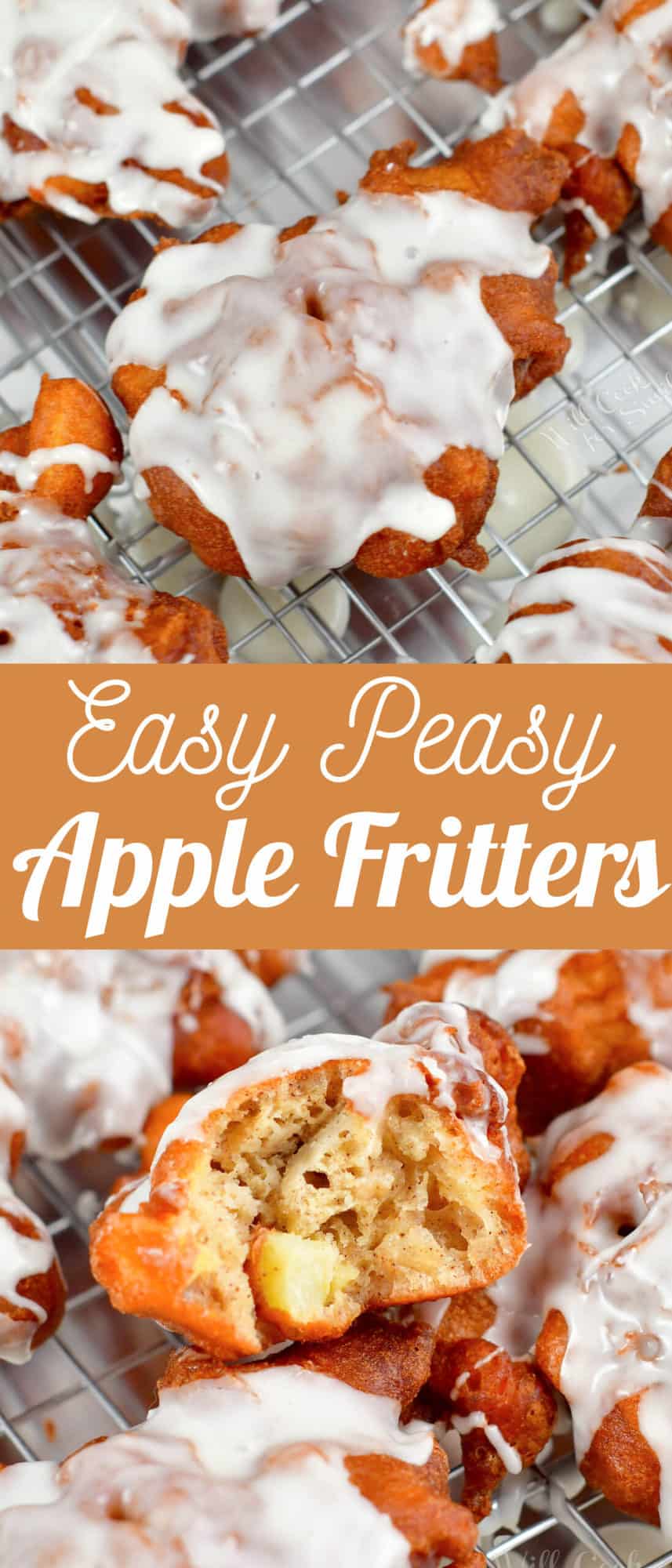 collsge of closeup of apple fritters and half of a fritter