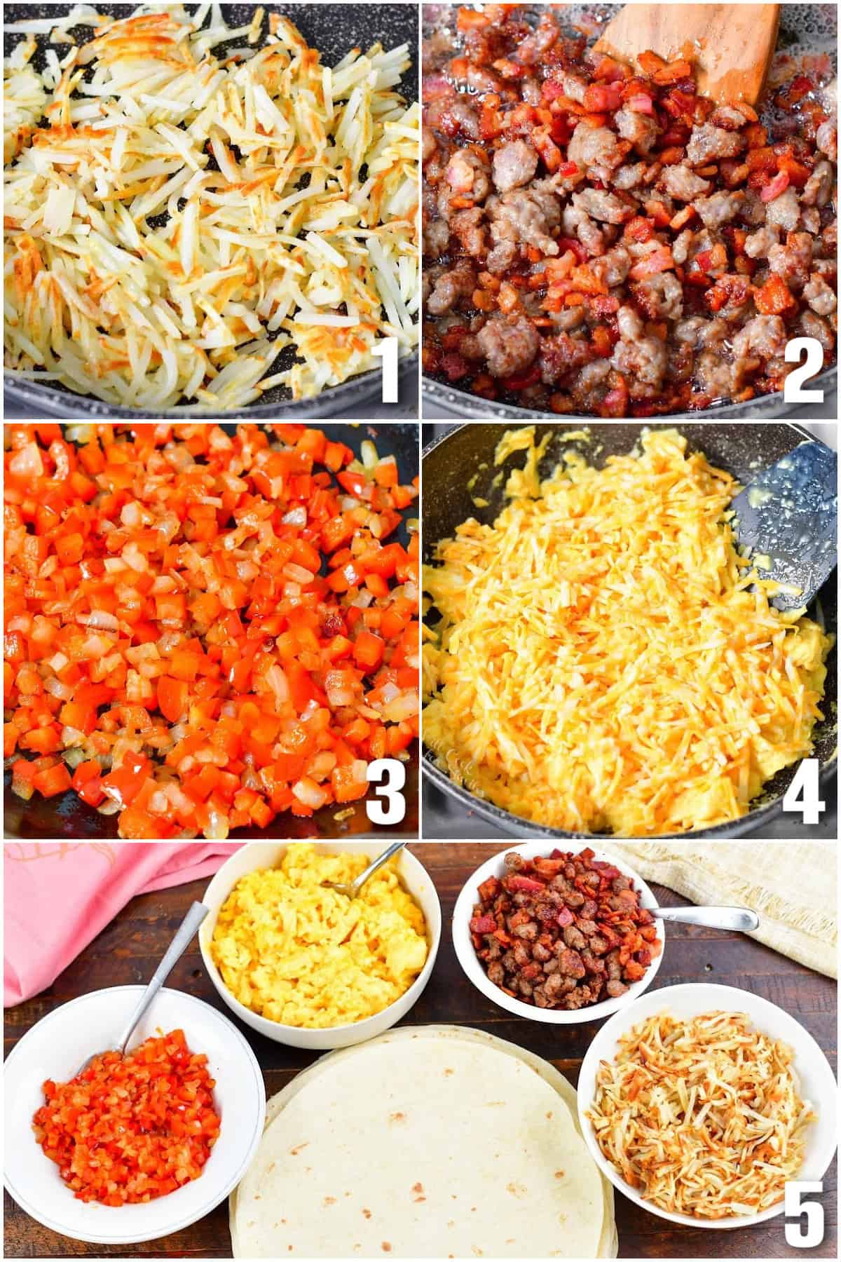 collage of five images of preparing the different elements for the burrito filling.