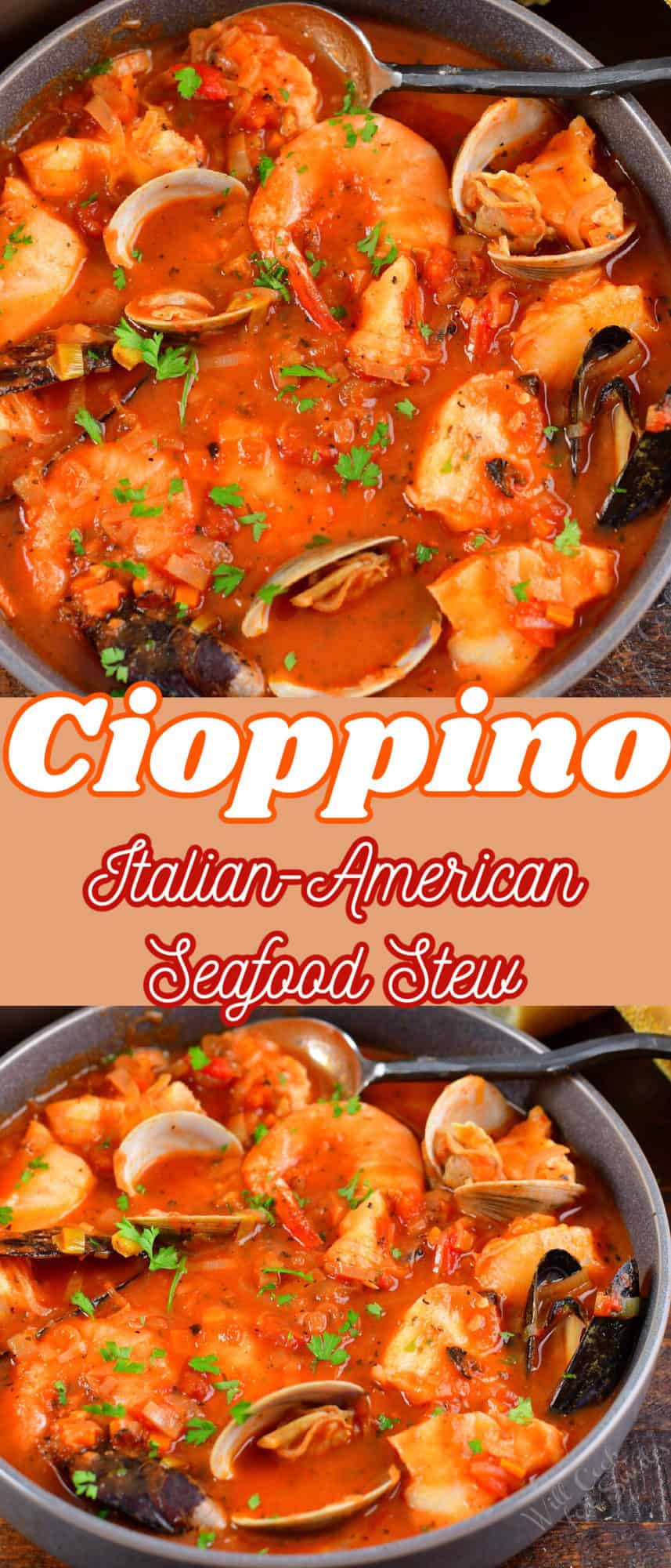 collage of two images of Cioppino seafood stew in a bowl