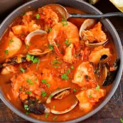 closeup of top view of Cioppino in a bowl