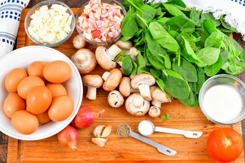 ingredients for a frittata on a cutting board