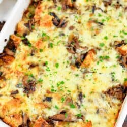 top view of the baked mushroom bread pudding in a dish