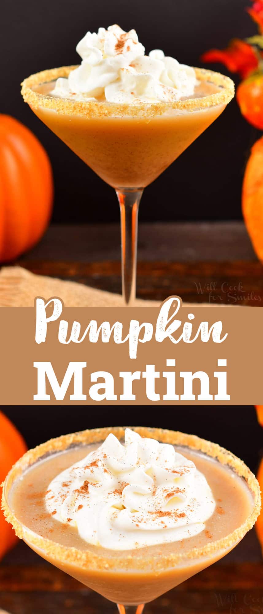 collage of images pumpkin martini with whipped cream on top