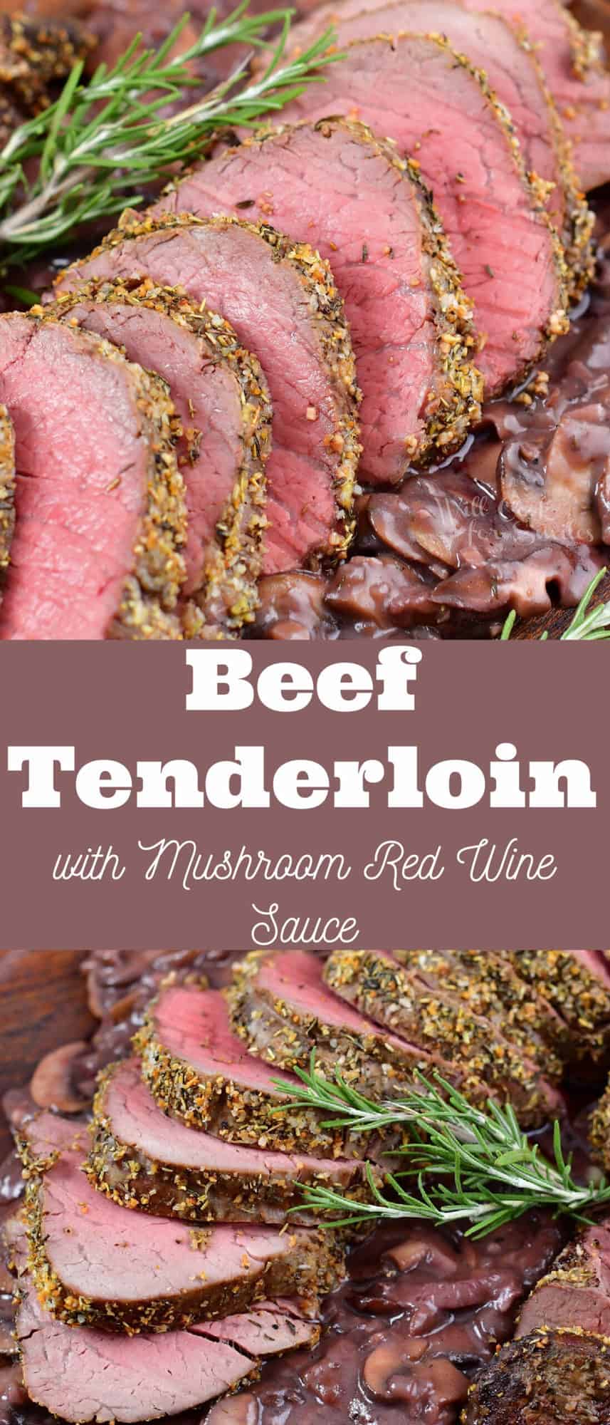 collage of two close up images of beef tenderloin on top of mushroom sauce
