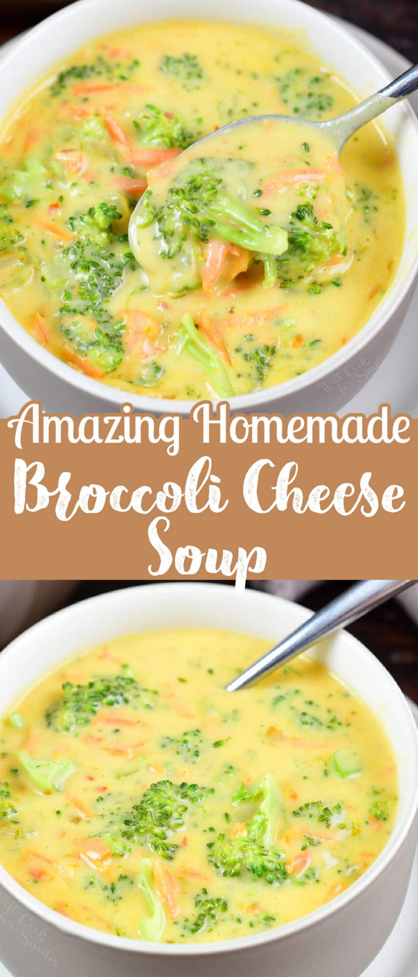 collage of two broccoli cheese soup images close up and title 