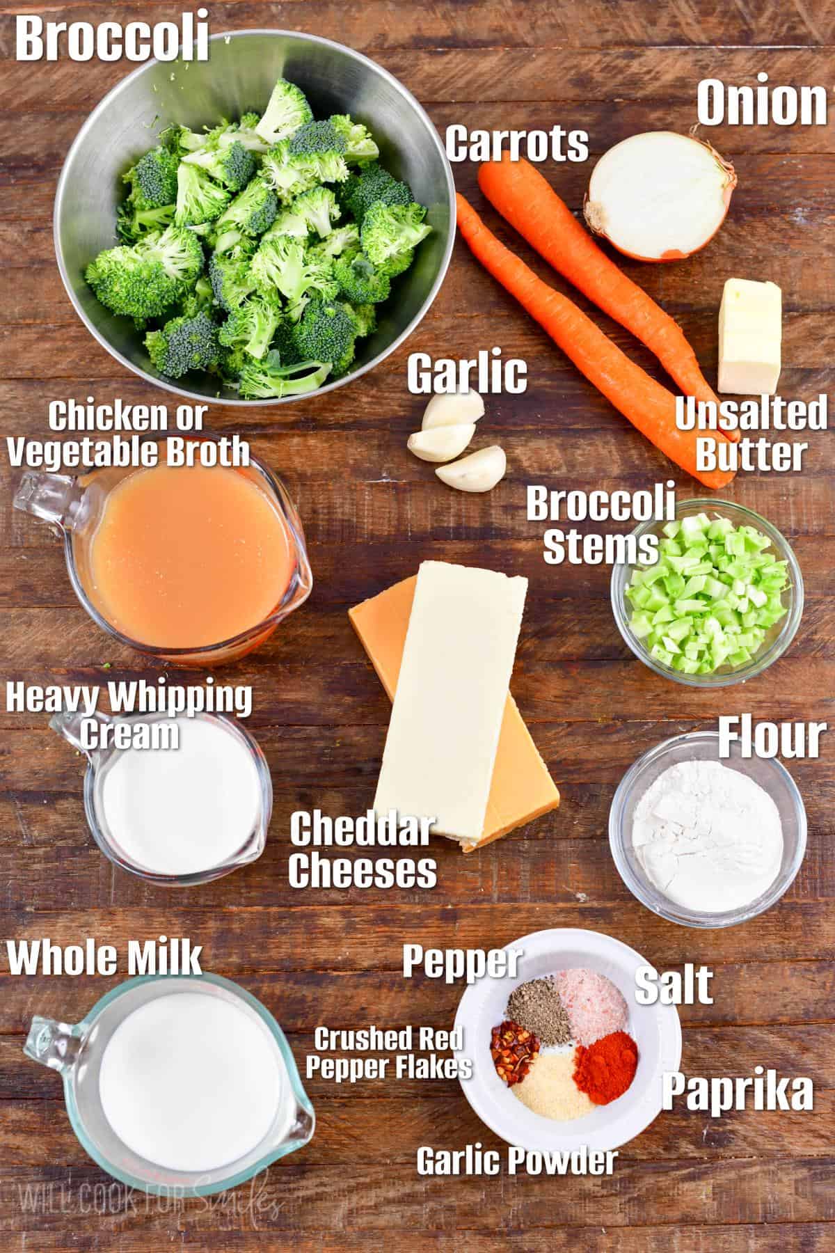 labeled ingredients to make broccoli cheese soup on wooden background.