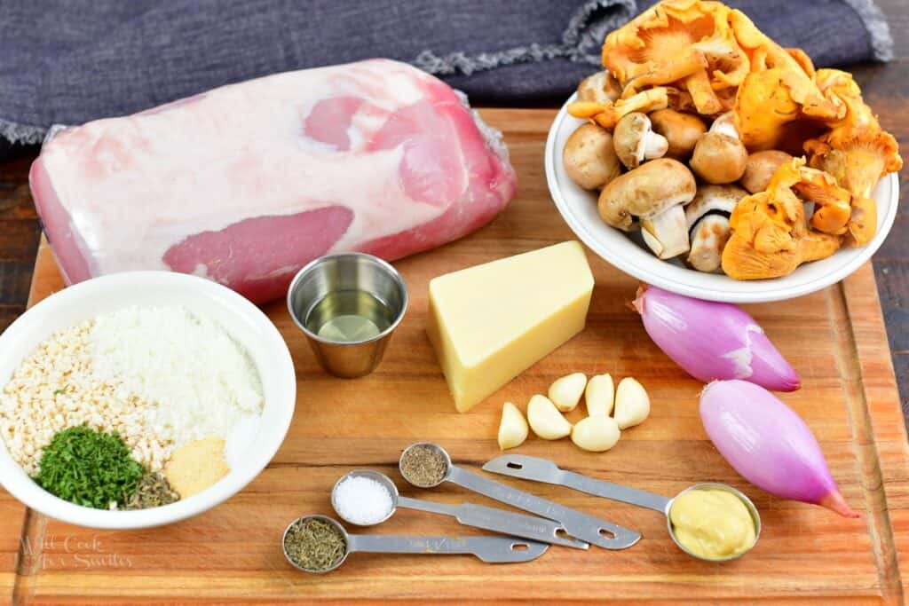 ingredients for the stuffed pork loin on the cutting board