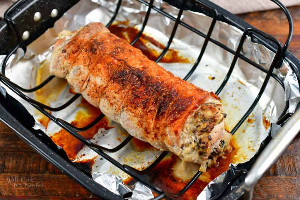 roasted pork loin in the roasting pan