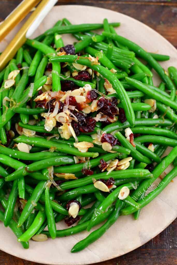 top view of green beans with cranberries and almonds