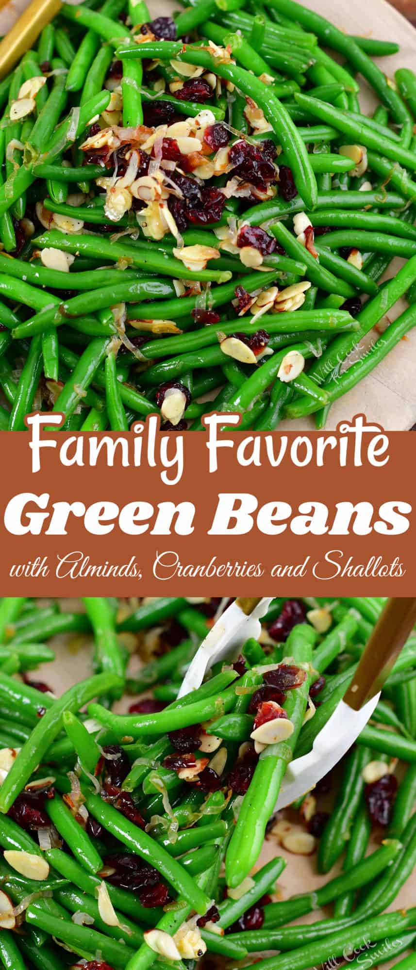 collage of two images of green beans topped with cranberries and almonds