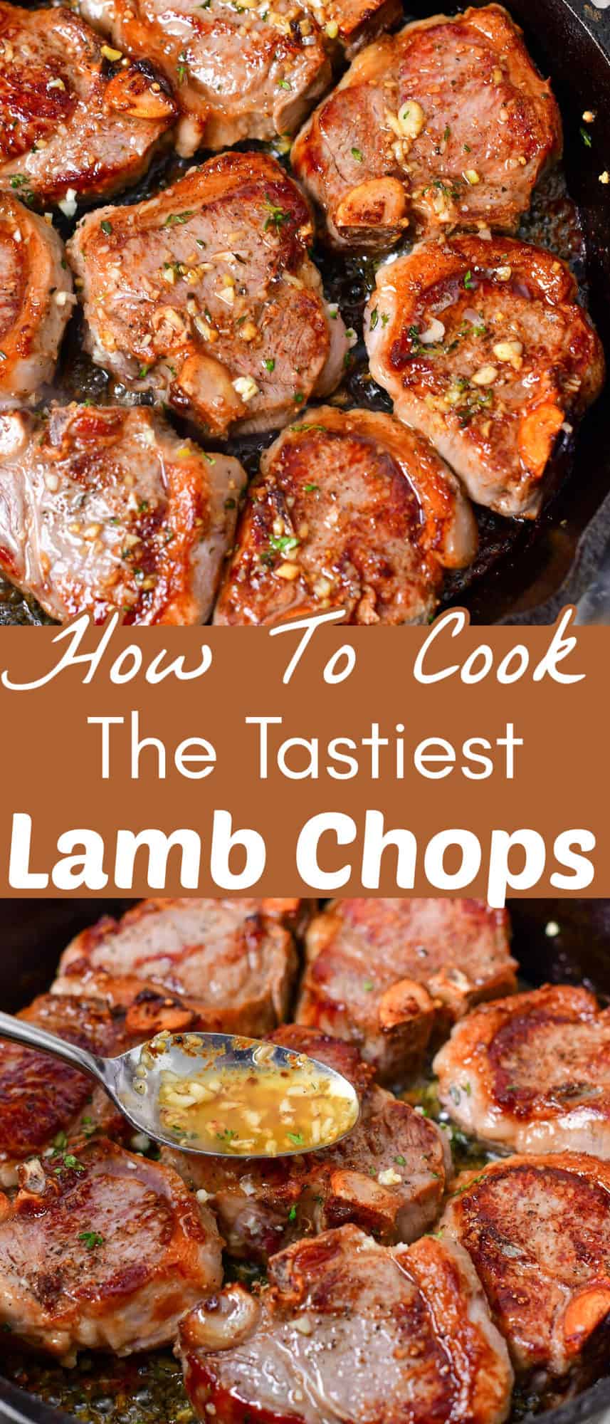 collage of two images of lamb chops close up and basting lamb chops