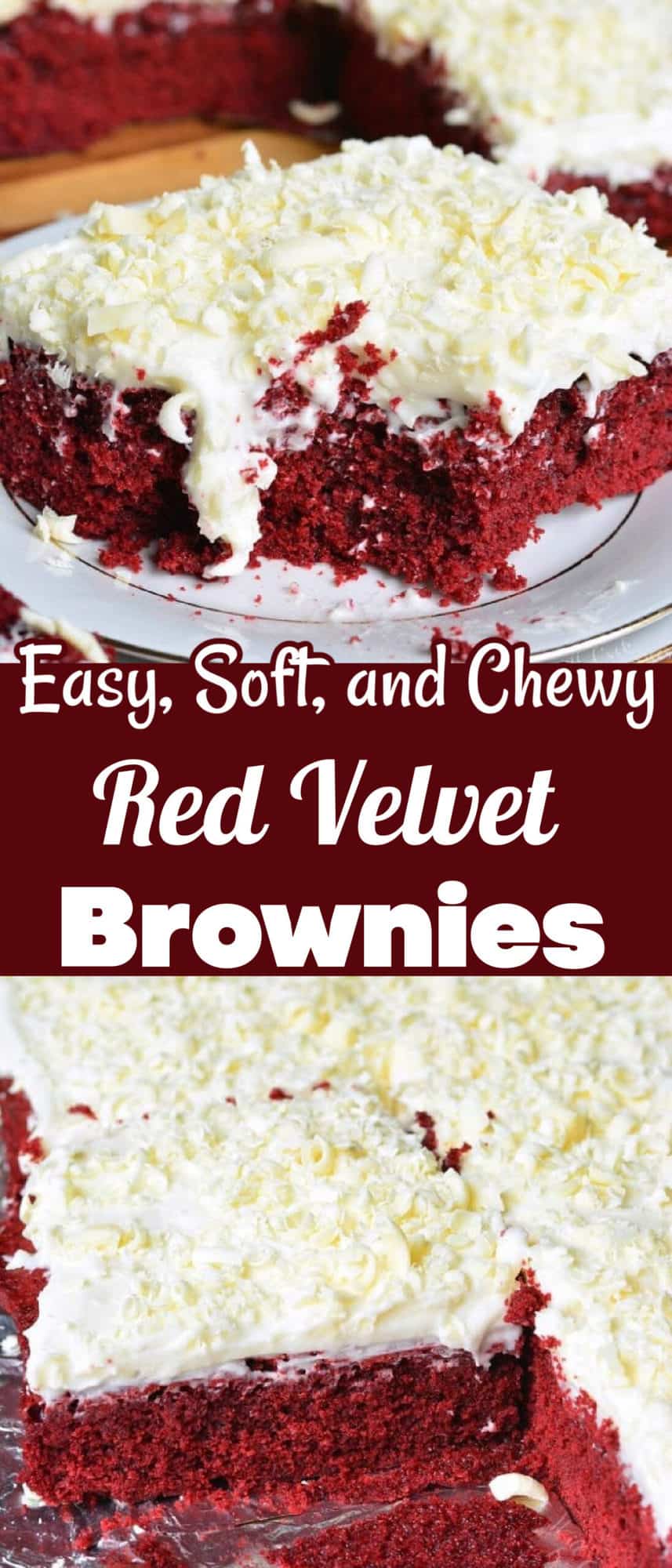 collage of two images close up red velvet brownies and a title