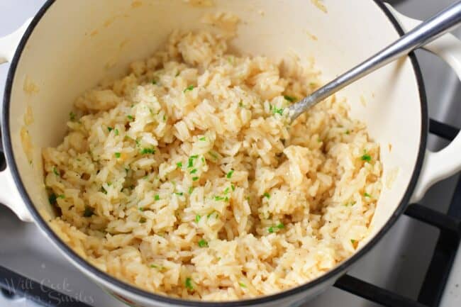 closeup view of the rice pilaf in the pot